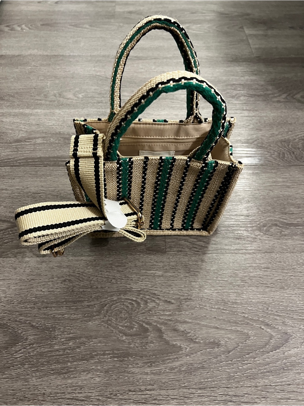 H&M Beige Woven Mini Tote with Black and Green Stripes